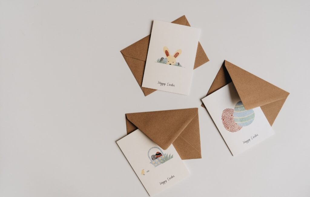 Mesa con materiales de diseño como papel, tijeras, muestras de fuentes y una tarjeta semi-diseñada, simbolizando el proceso de cómo hacer tarjetas para eventos.