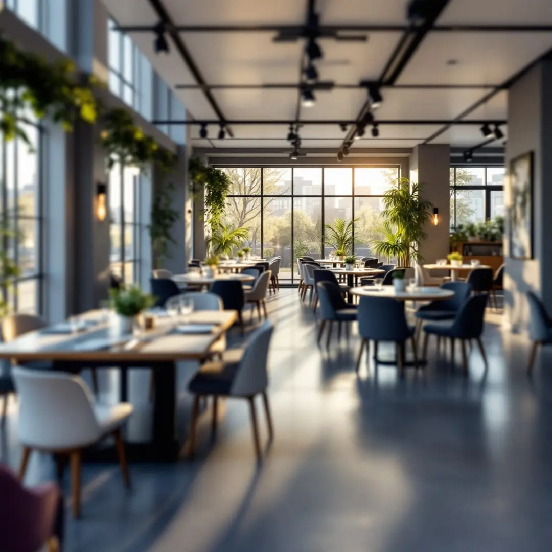 Vista interior de un moderno negocio de alquiler de locales para eventos corporativos, con sillas y mesas preparadas.