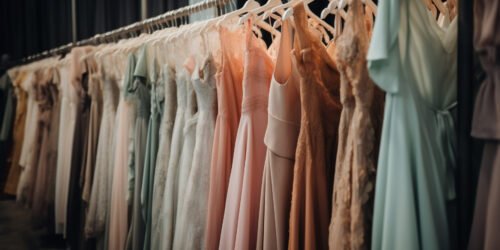 Fashionable wedding dress collection hanging in boutique generated by artificial intelligence