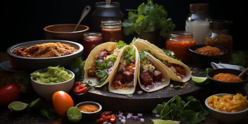 Grilled beef taco with guacamole, cilantro, and spicy tomato salsa generated by artificial intelligence