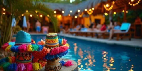 A poolside fiesta with a Mexican theme, featuring piñatas, sombreros, and a salsa dance floor