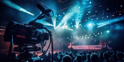 Professional TV camera set up in a concert venue.